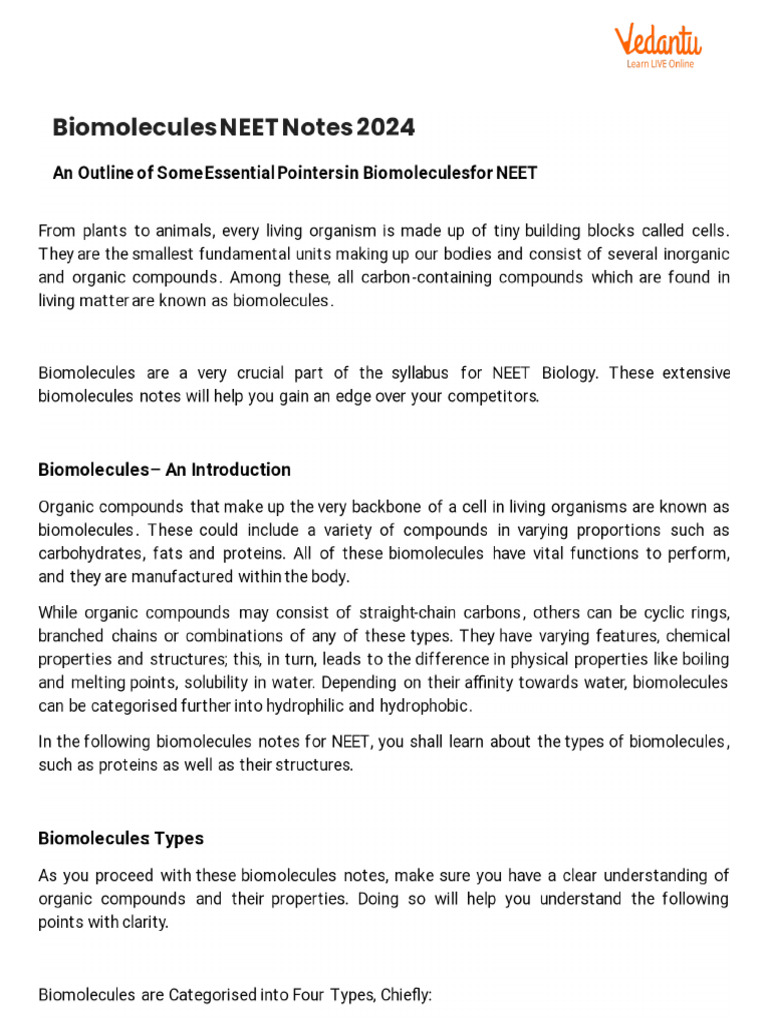 Biomolecules NEET Notes 2024 | PDF