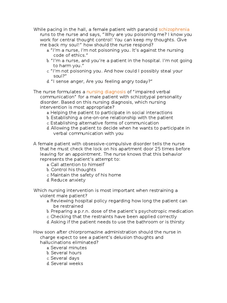Psych Nclex Questions Schizophrenia Nursing