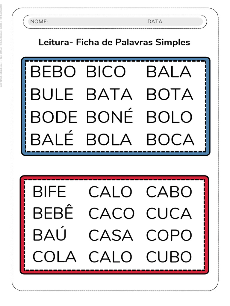 Ficha de Leitura: Palavras Simples | PDF