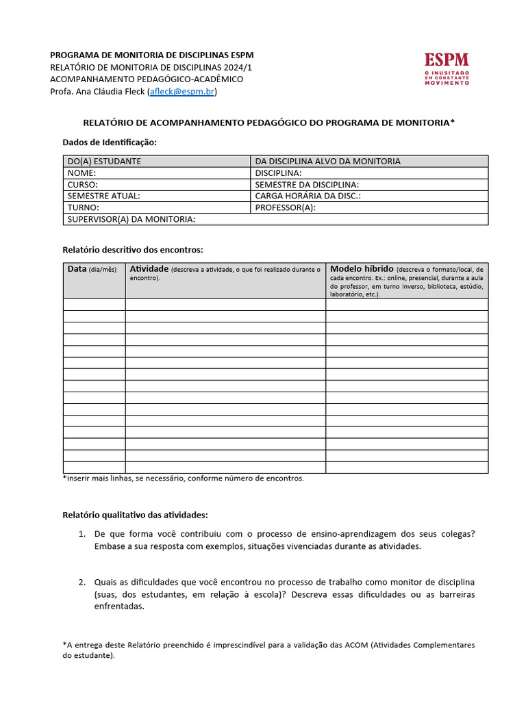Monitoria de Disciplinas na ESPM 2024/1 | PDF | Pedagogia | Aprendizado
