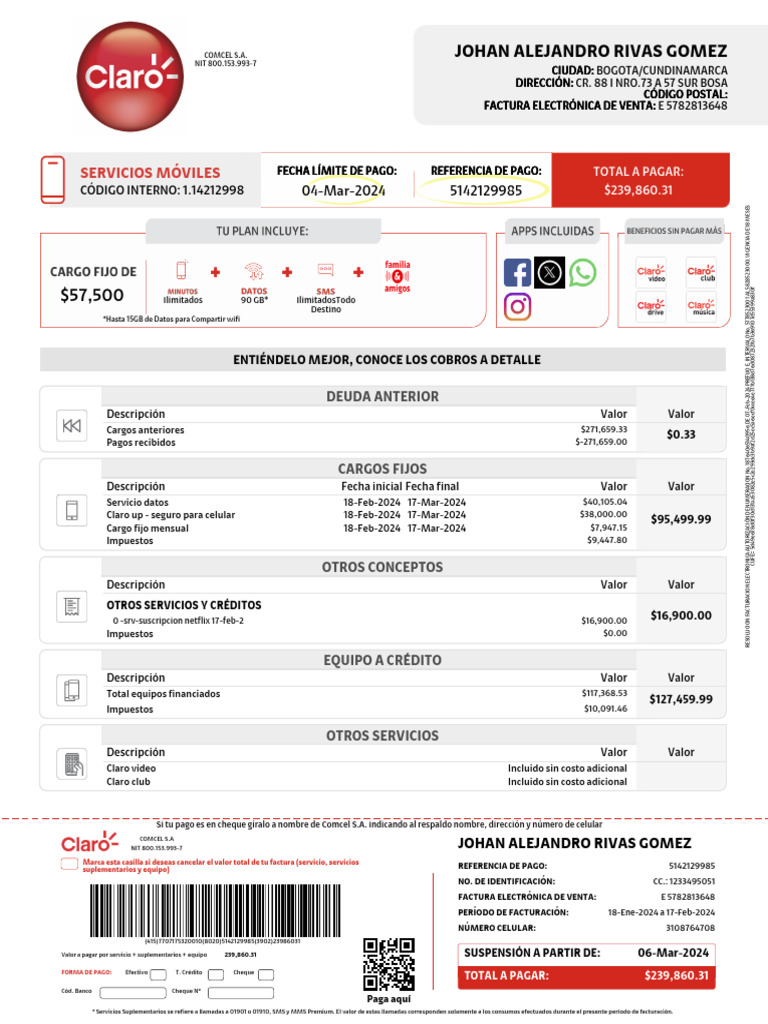 Factura Electrónica Comcel S.A. | PDF | Impuesto al valor agregado | Cheque
