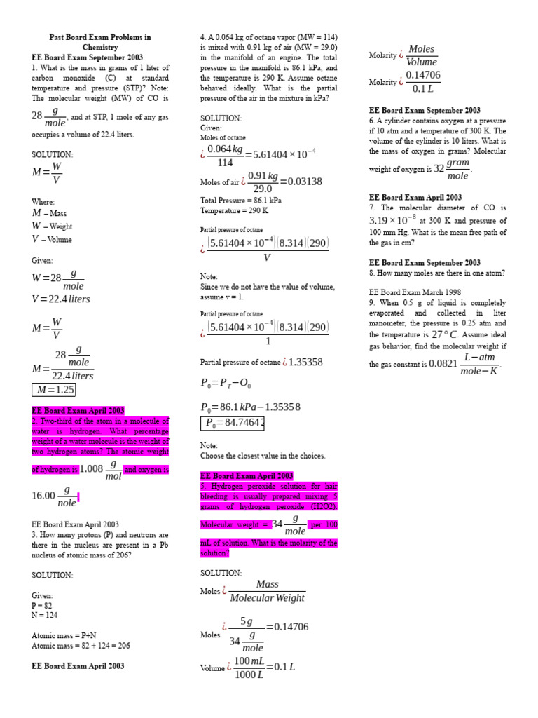 Past Board Exam Problems in Chemistry | PDF | Mole (Unit) | Gases