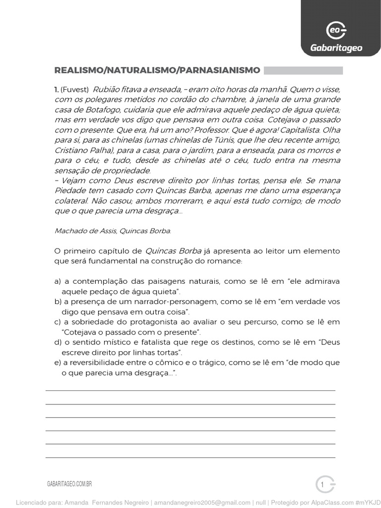 Questões sobre Realismo e Naturalismo | PDF | Brasil | Romantismo