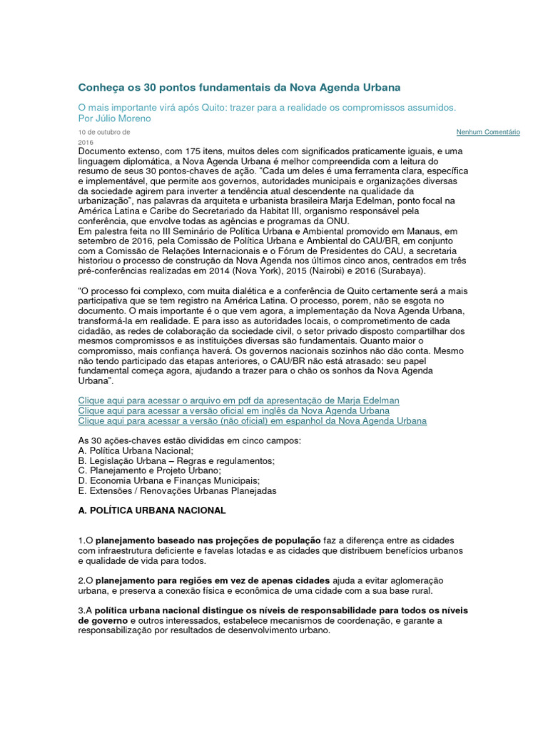 Conheca Os 30 Pontos Fundamentais Da Nova Agenda Urbana | Download