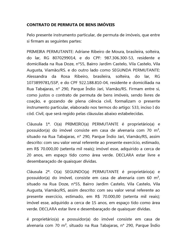 Contrato de Permuta de Imóveis Viamão | PDF | Propriedade privada ...