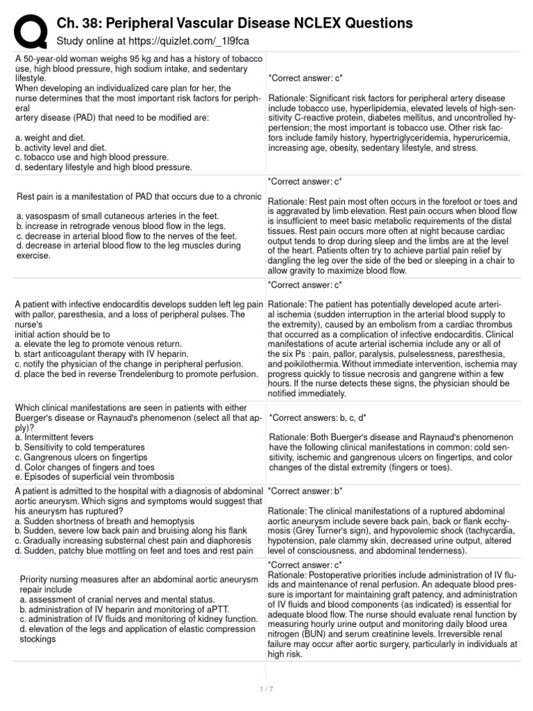 Ch. 38 - Peripheral Vascular Disease NCLEX Questions | PDF 