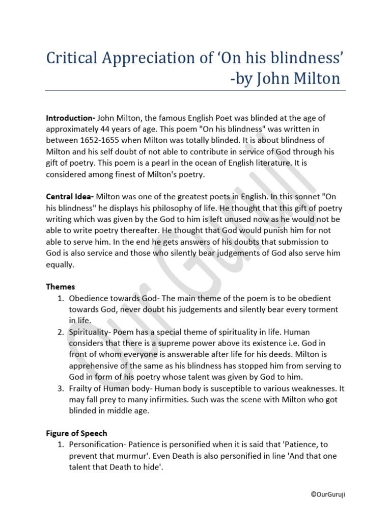 Critical Appreciation of "On His Blindness" | PDF | Poetry