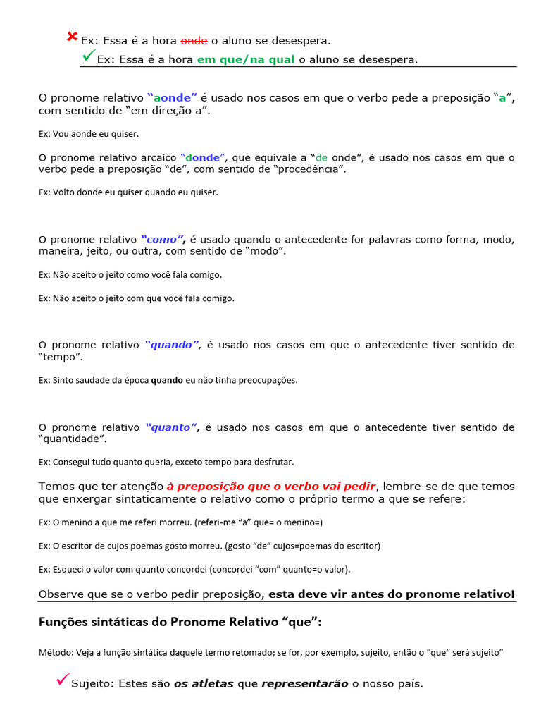 Uso de Pronomes Relativos e Verbos | PDF | Pronome | Assunto (gramática)