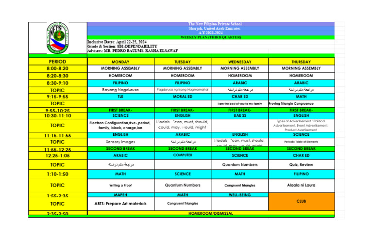 Weekly Plan Apr 22 25.Xlsx 8b1 | PDF | Physical Sciences