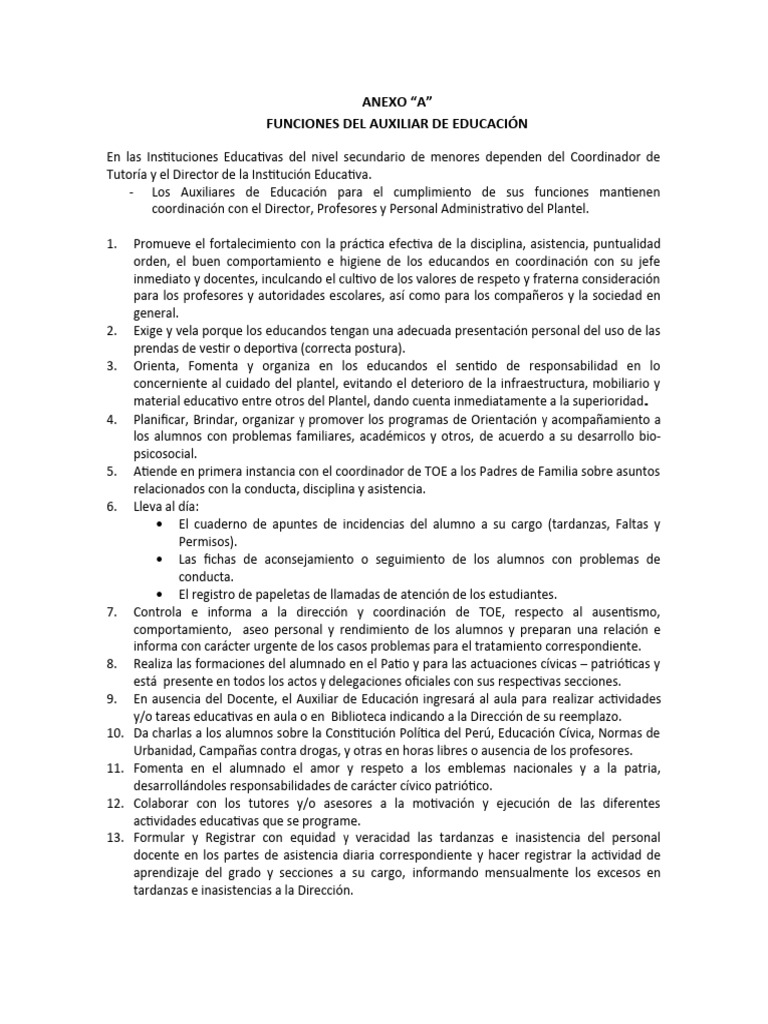 Funciones del Auxiliar de Educación | PDF | Maestros | Salón de clases
