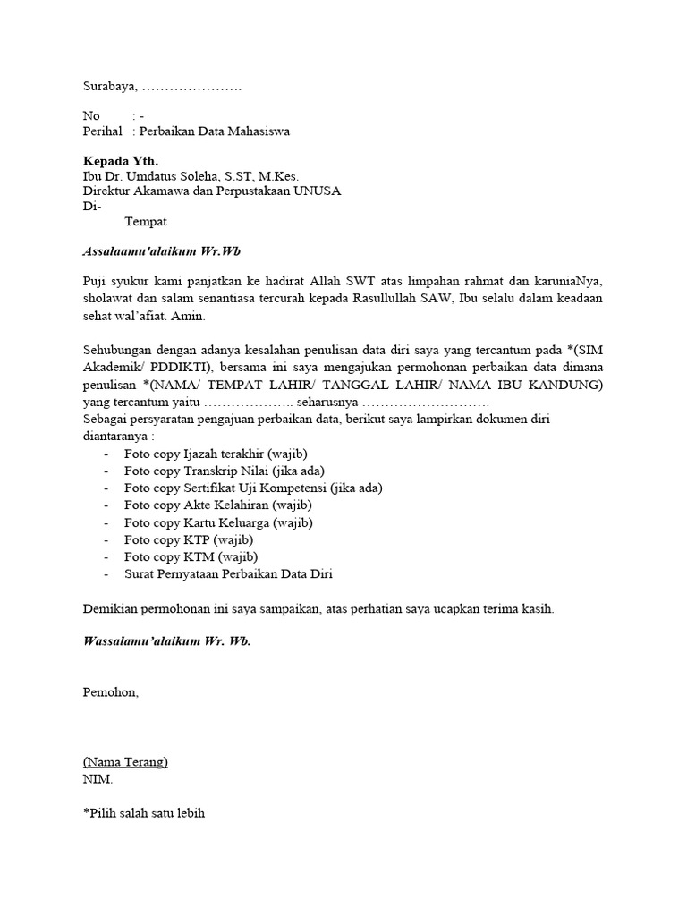 Surat Permohonan Perbaikan Data Bagi Mahsasiswa | PDF