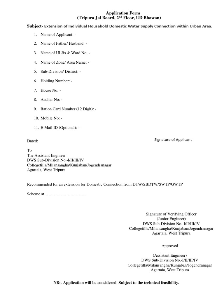 Domestic Water Supply Connection Application Form1 0 PDF
