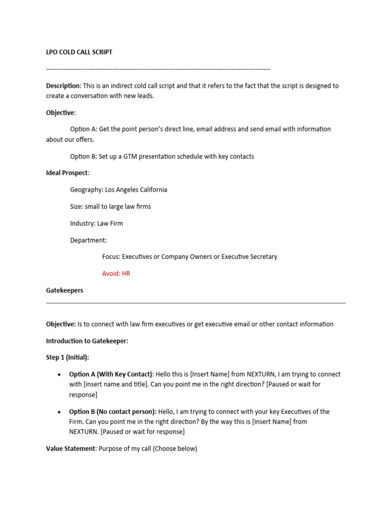 Lpo cold call script nexturn pdf discovery law business