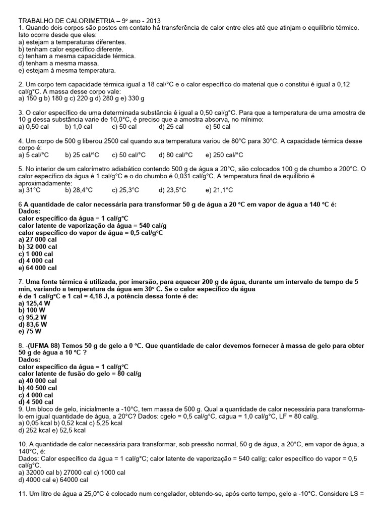 Questões de Calorimetria para 9º Ano | PDF | Calor | Convecção