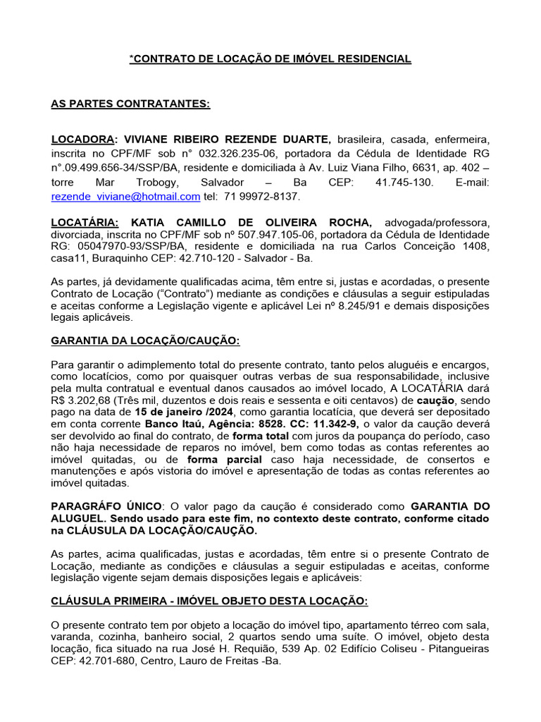 Contrato de Locação Residencial em Salvador | PDF | Cheque (banco ...