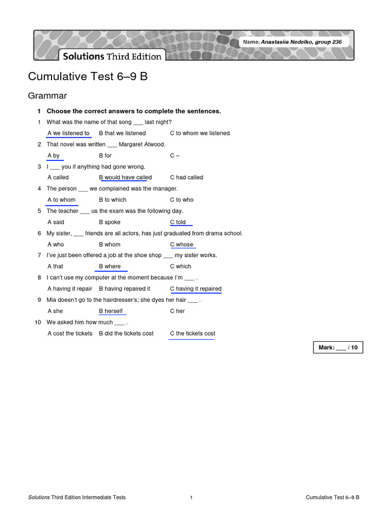 Cumulative Test 6-9 B Answers | PDF | Internet