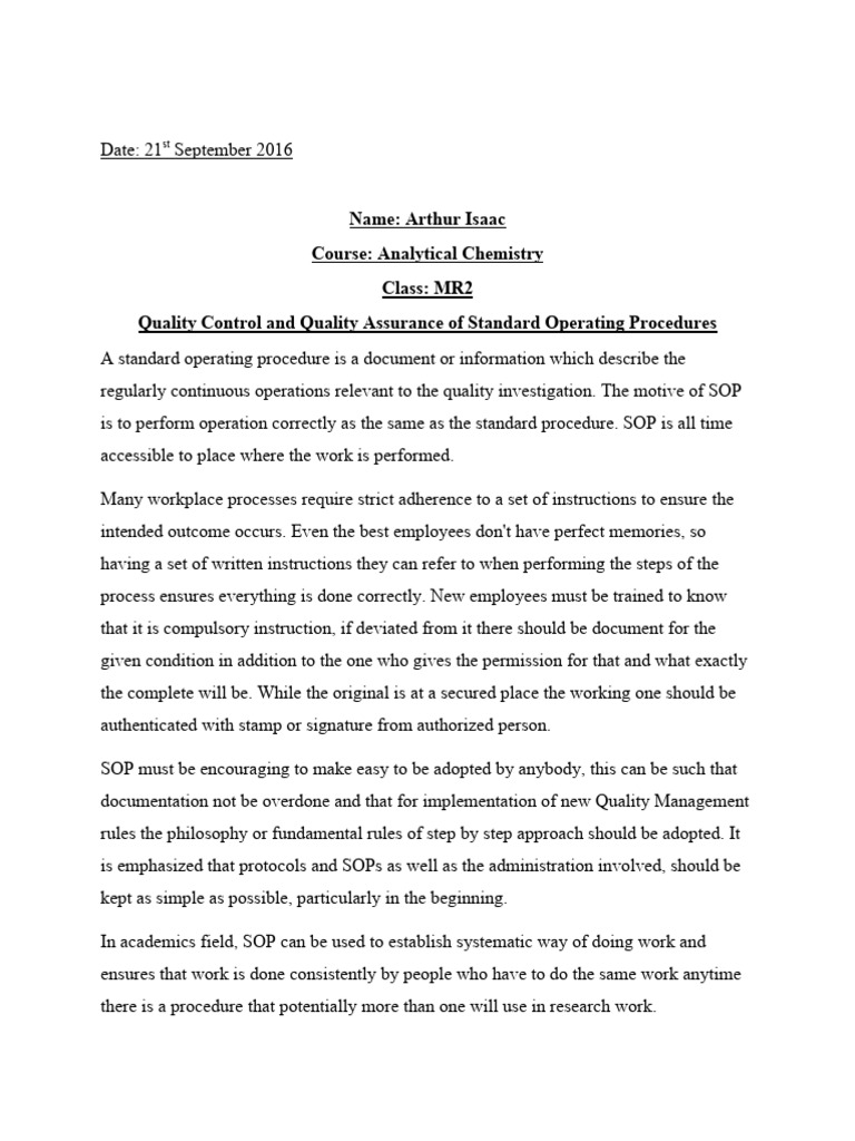 2 Standard operating procedure | PDF | Quality Assurance