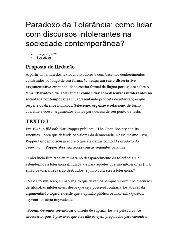 Paradoxo da Tolerância e Intolerância | PDF | História