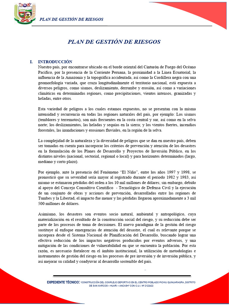 9.5 Plan de Gestión de Riesgos (Ok) | PDF | Riesgo | Temblores