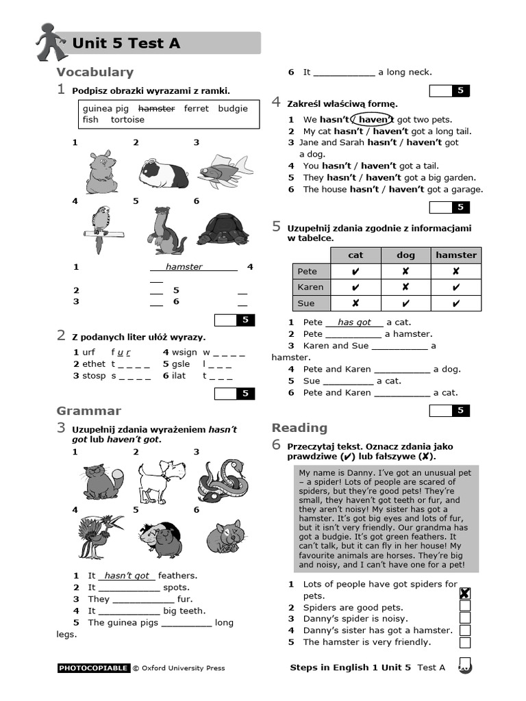 Steps In English Unit 5 Test Steps in English 1 Unit 5 v | PDF | Pet | Animals And Humans