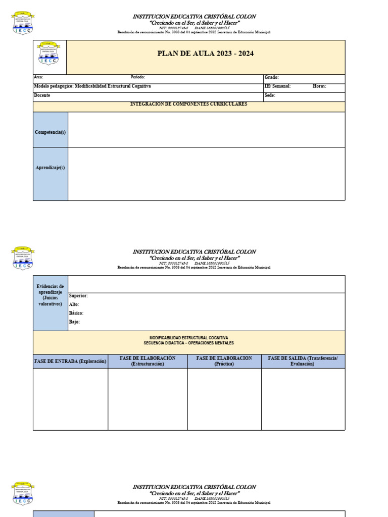 Formato Propuesta - Plan de Aula 2023-2024 | PDF | Maestros | Aprendizaje