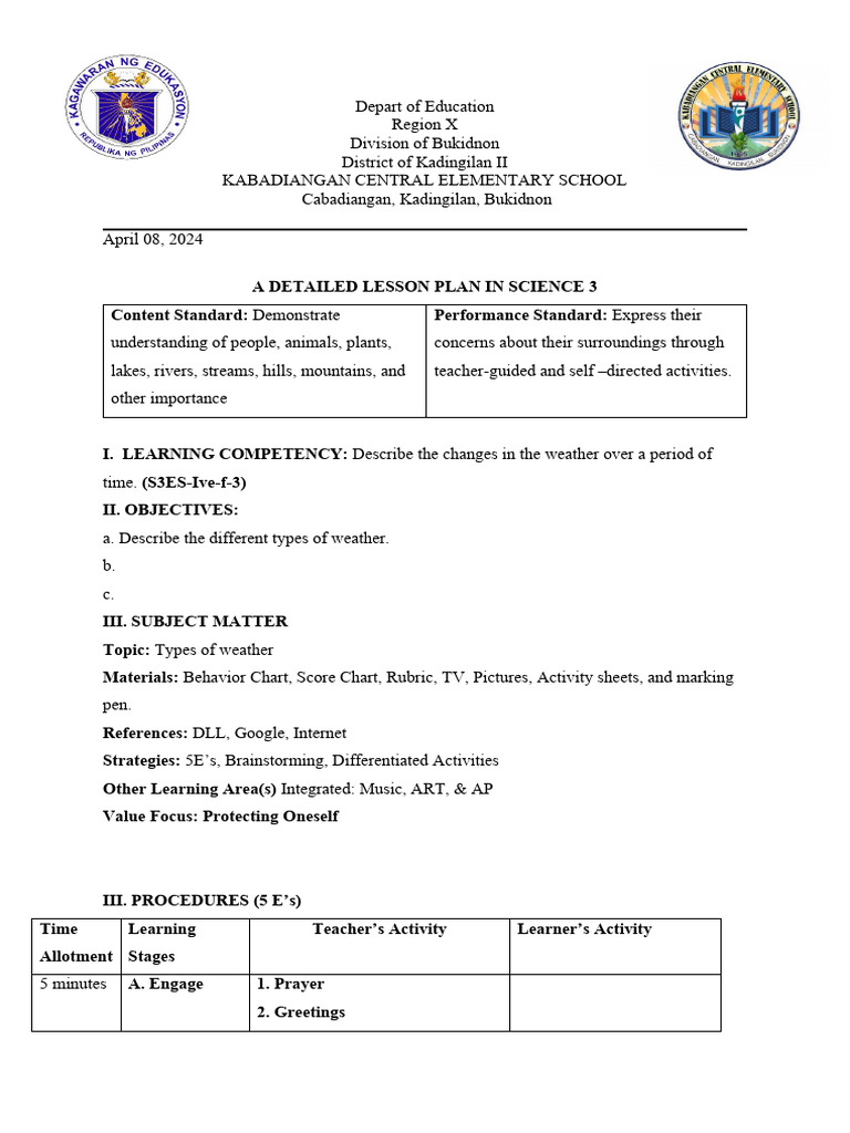 Science 3 Lesson Plan: Types of Weather | PDF | Lesson Plan | Teachers