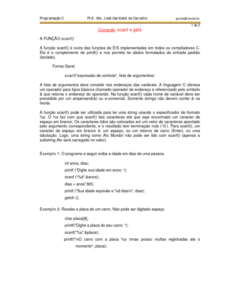 Funções scanf e gets em C: Guia Prático | PDF | C (linguagem de ...