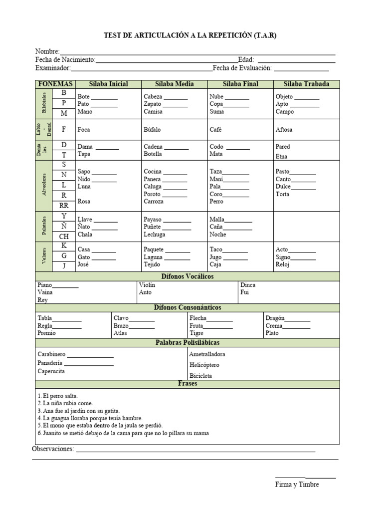 Test de Articulacion A La Repeticion - TAR | PDF | Voz humana | Fonética
