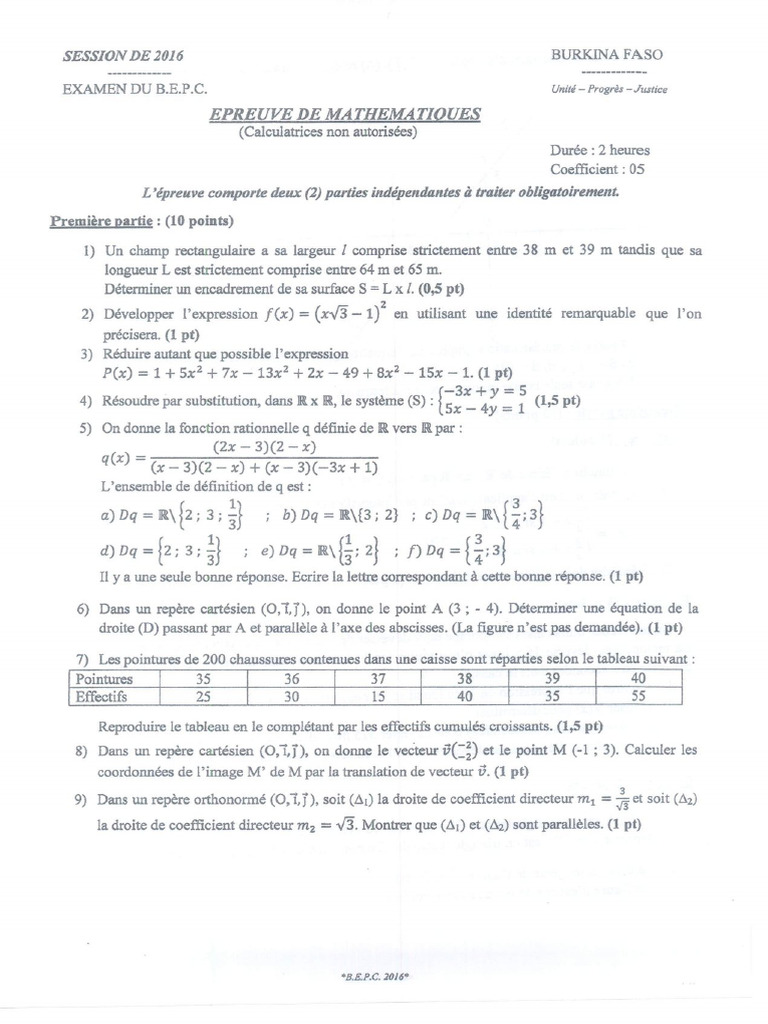 Bepc2016 Maths 1er Tour | PDF