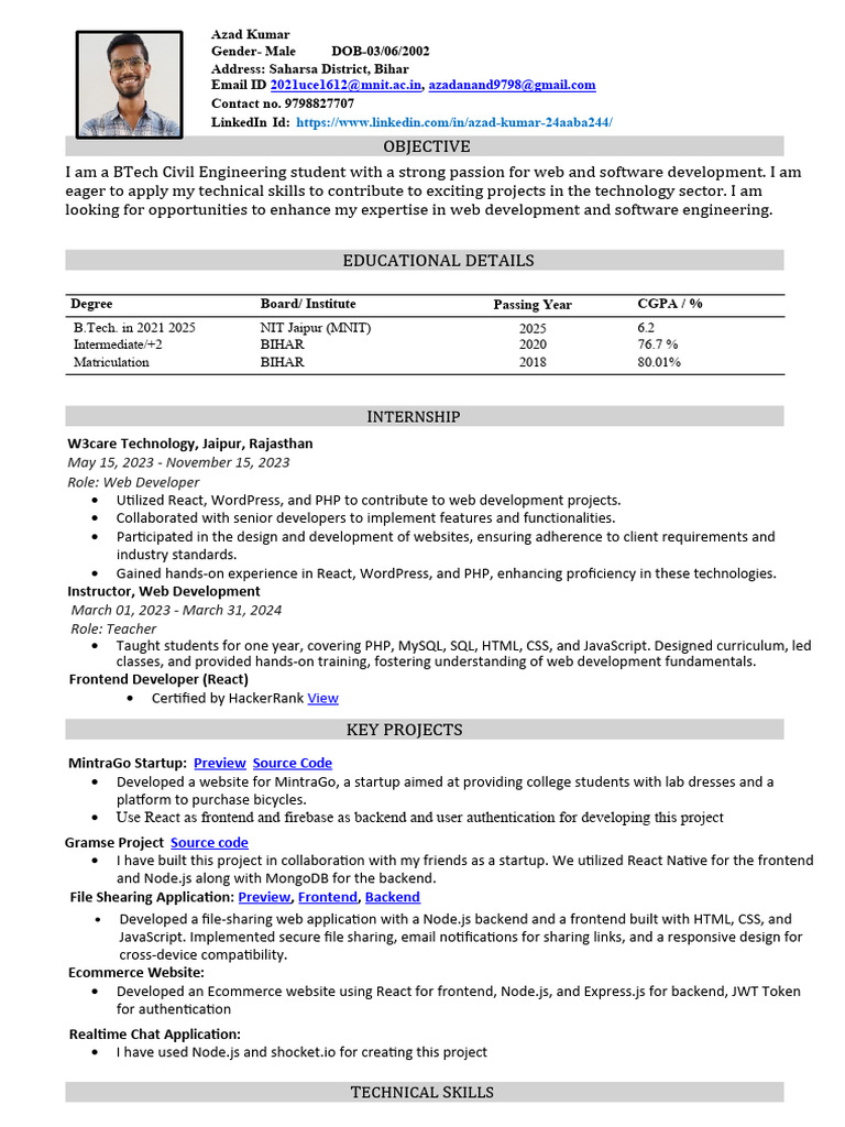 Azad Kumar: BTech Civil Engineer Profile | PDF | Web Development ...