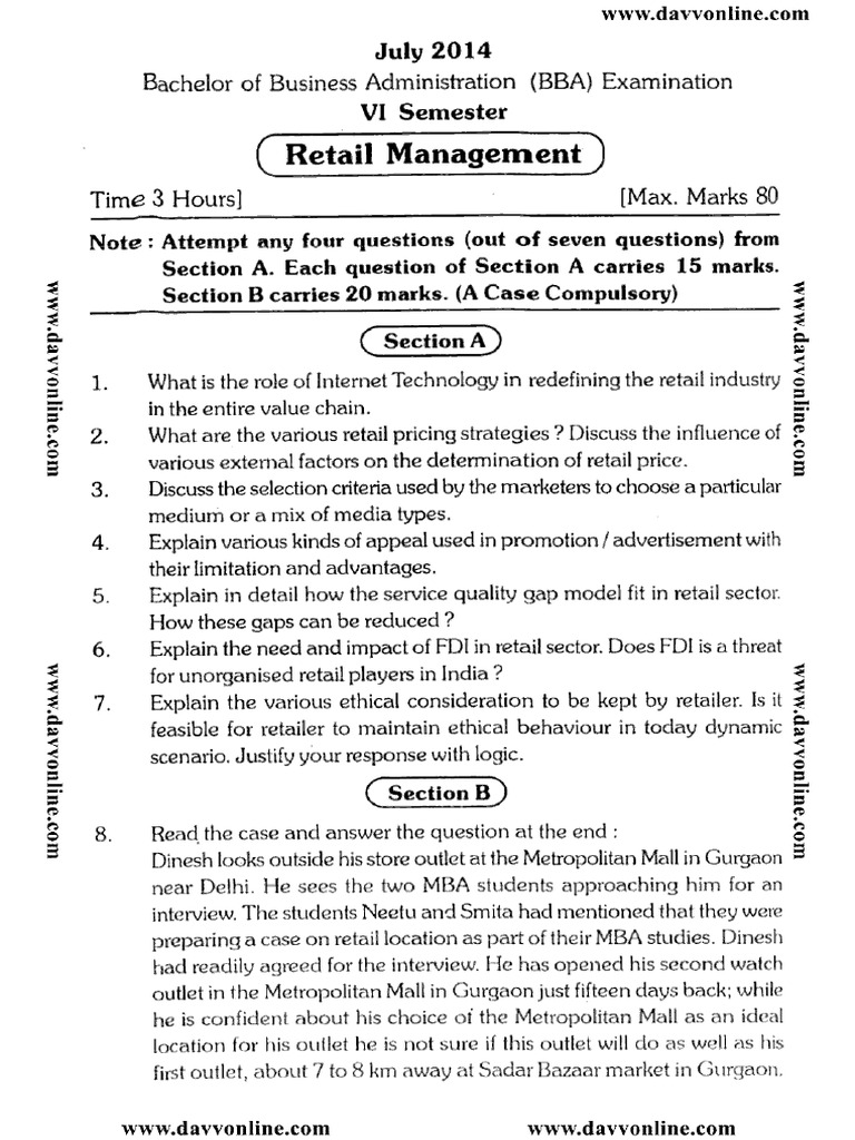 Bba 6 Sem Retail Management 2014 | PDF