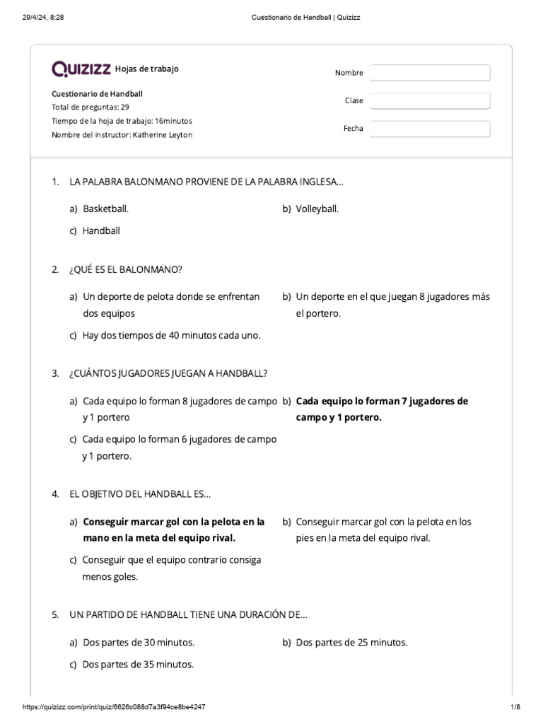 Cuestionario de Handball Quizizz Descargar gratis PDF Deportes