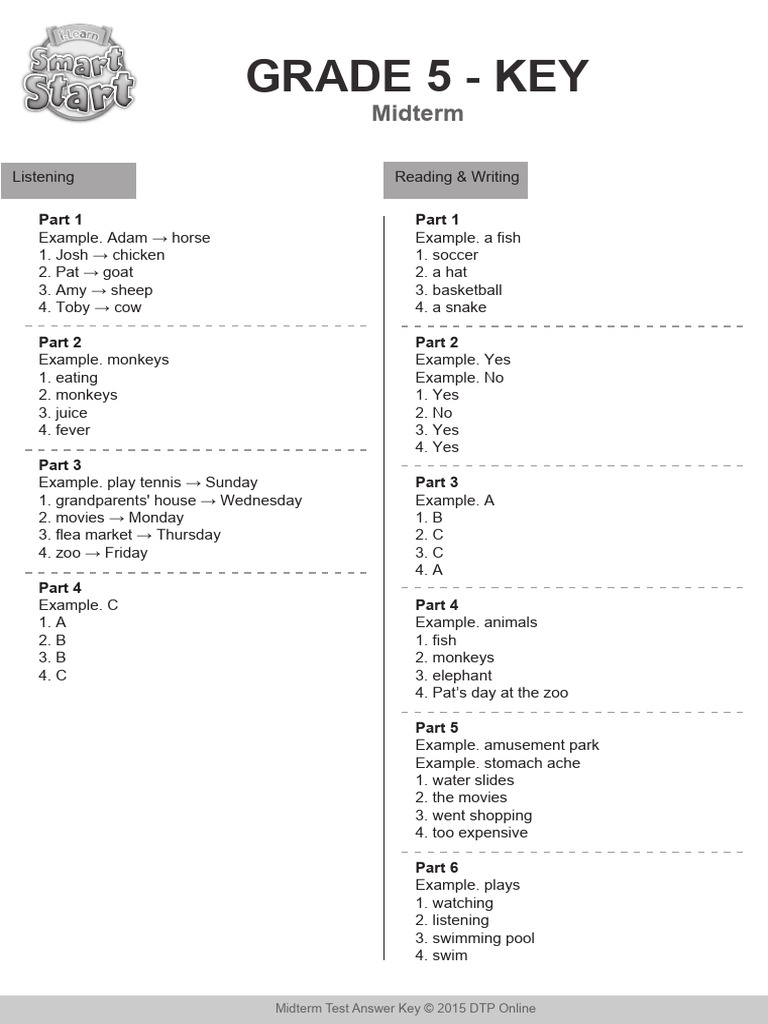 Grade 5 Midterm Test Answer Key | PDF | Animals And Humans | Zoology