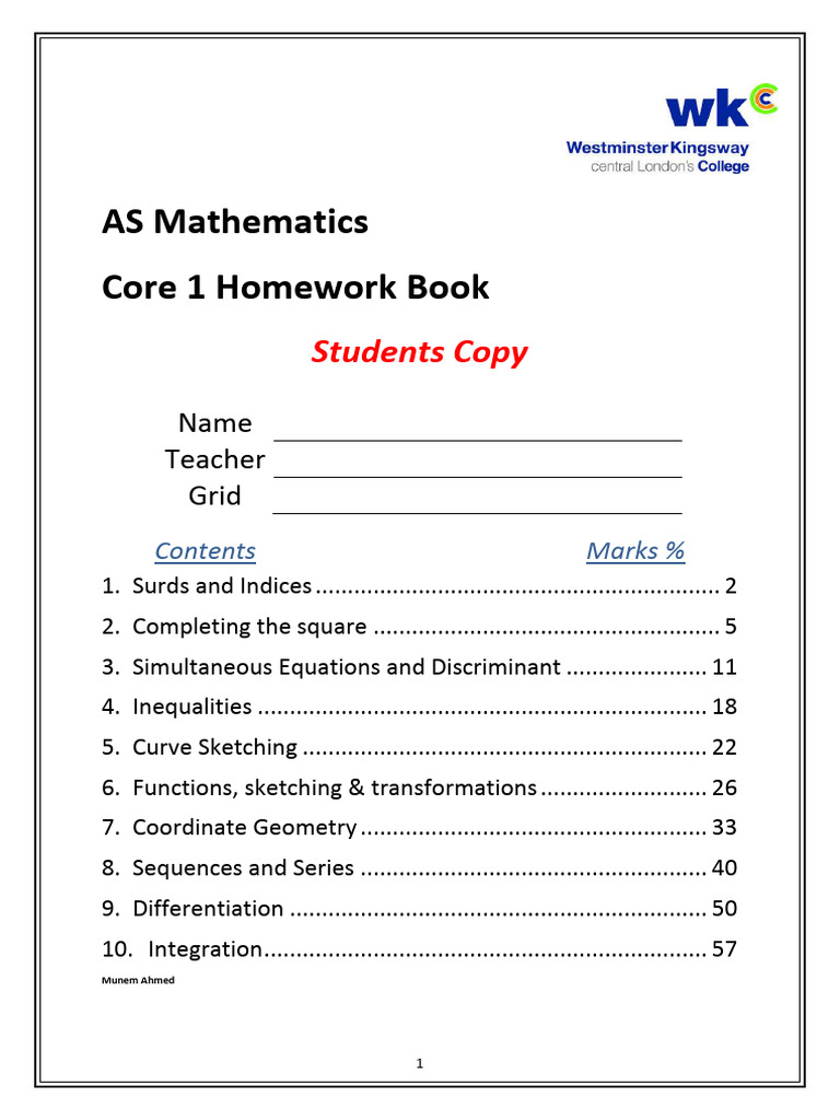 AS Mathematics Core 1 Homework Guide | PDF | Equations | Tangent