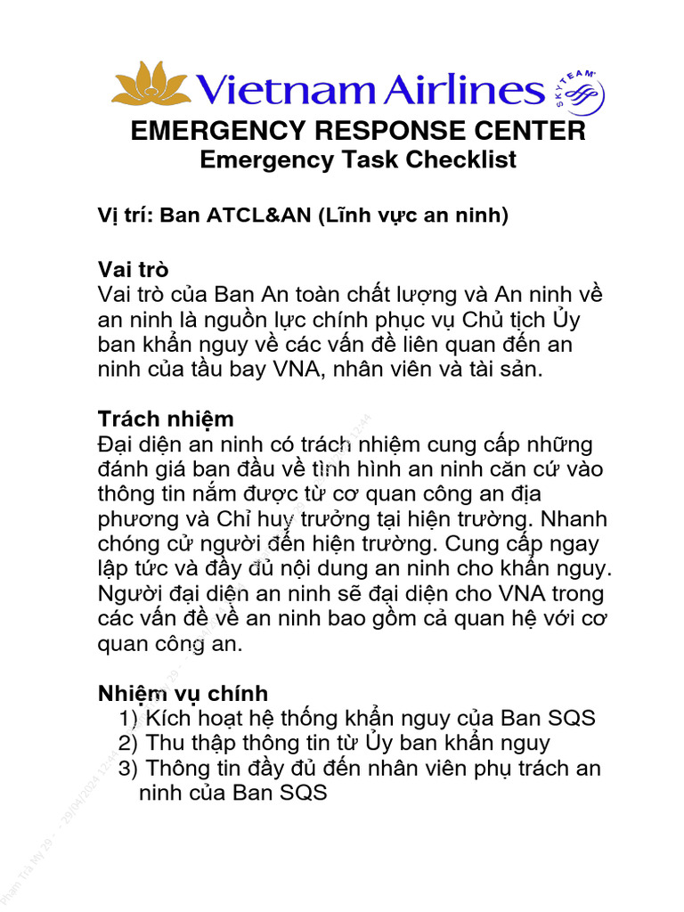 UPKN - Emergency Task Checklist An Ninh 050115 | PDF