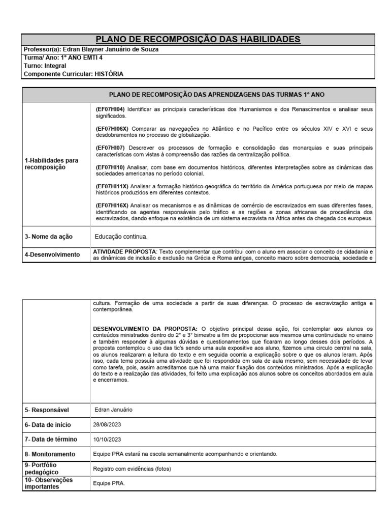 Plano de Reposição de Aprendizagem - Edran Jnauário | PDF | Escravidão ...