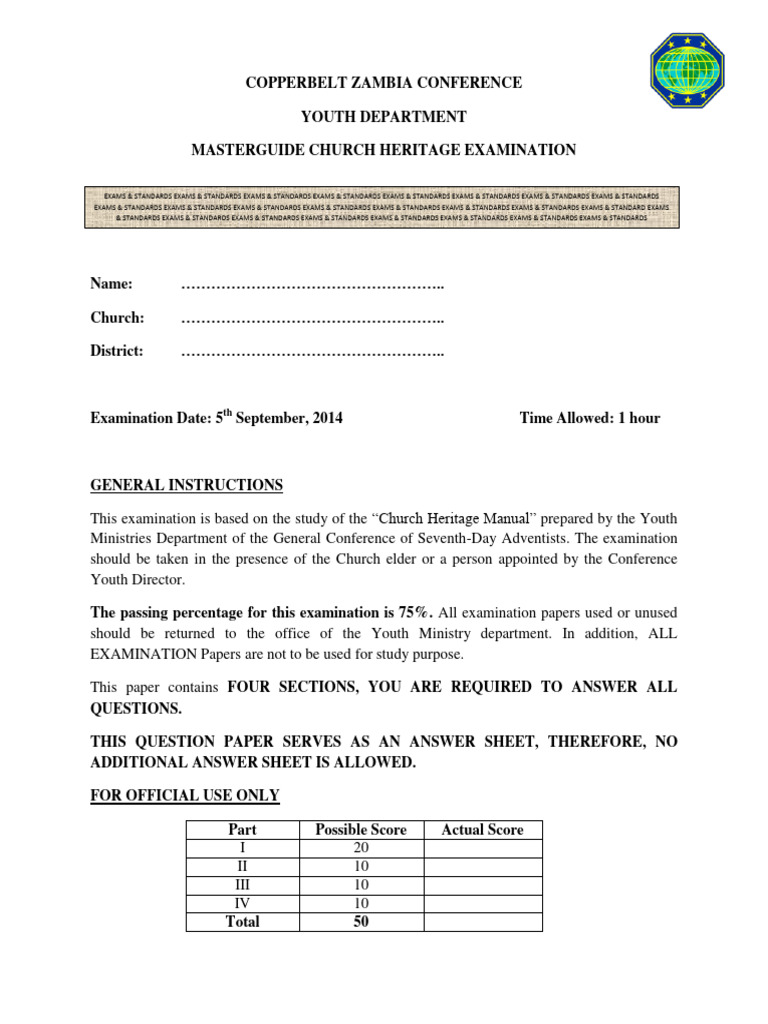 Copperbelt Zambia Church Heritage Exam | PDF | Seventh Day Adventist ...