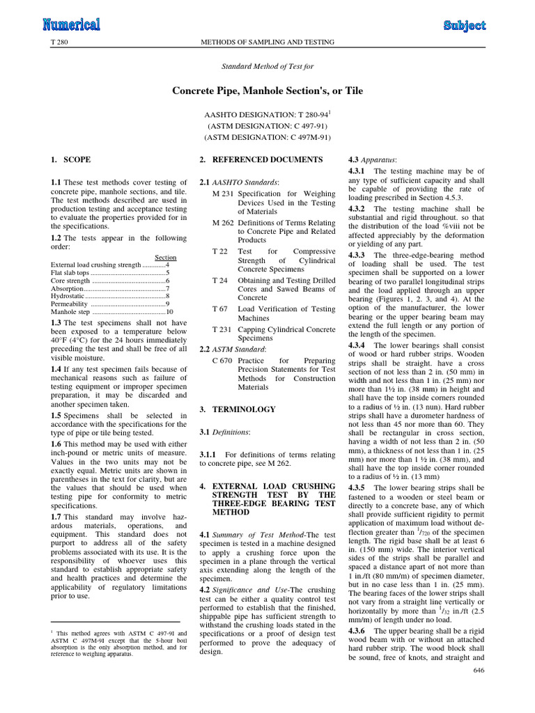 Concrete pipe manhole section s or tile standard method of test for