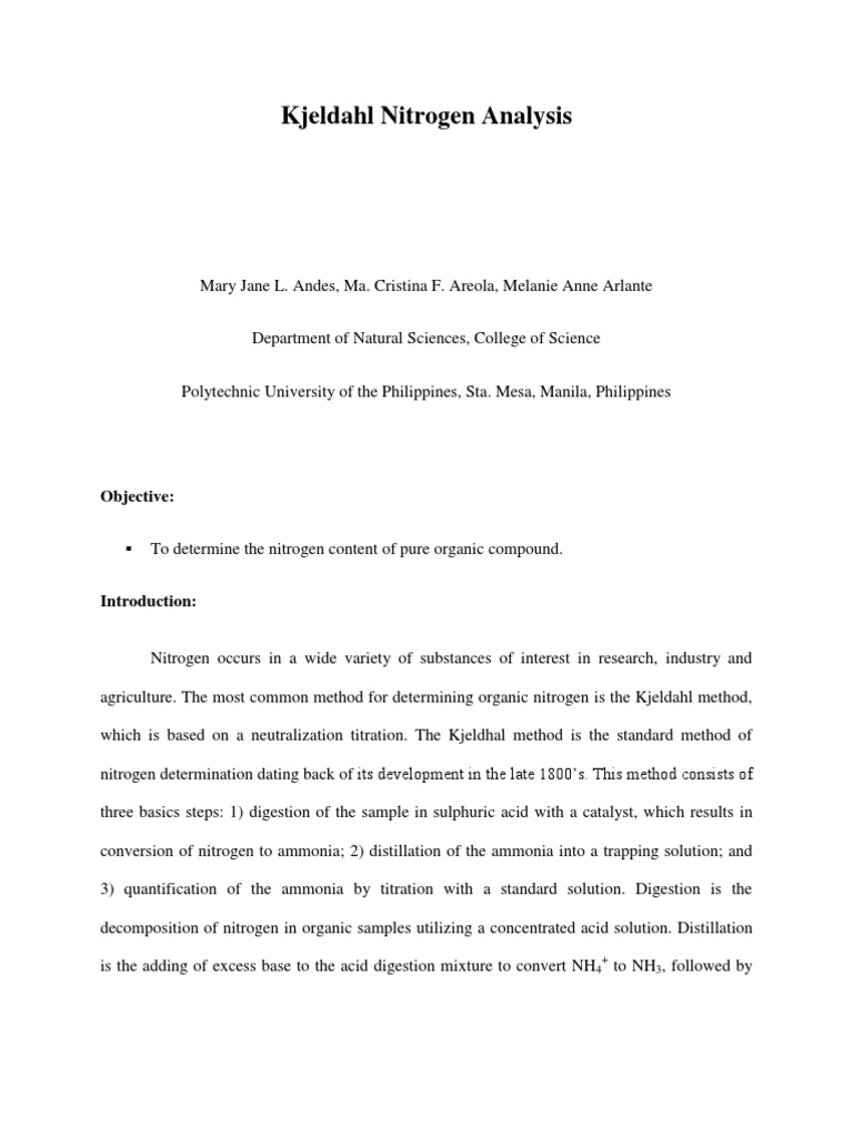 Kjeldahl Nitrogen Analysis PDF Distillation Nitrogen