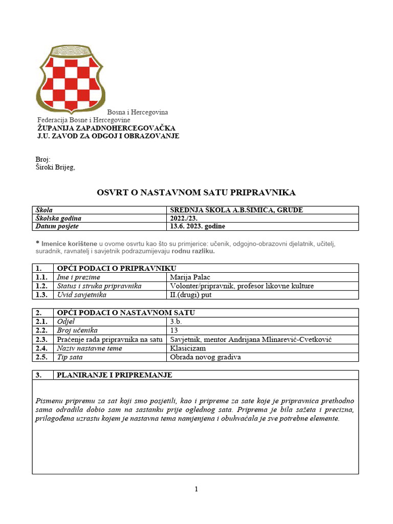 Osvrt o Nastavnom Satu Pripravnice Marije Palac, Drugi Sat | PDF