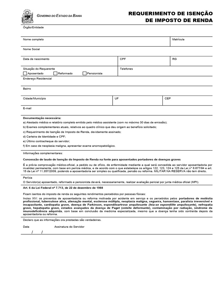 Requerimento de Isenção de IR por Doença | PDF | Remédio | Doenças e ...