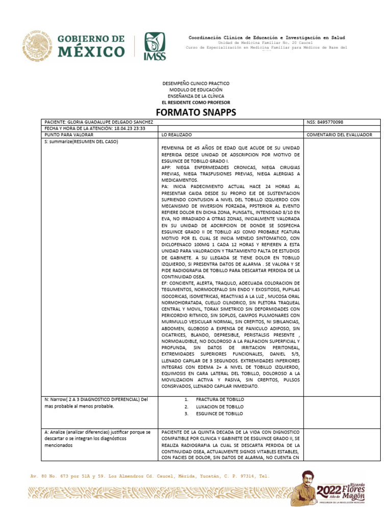 Formato Snapps Guadalupe Magaña | PDF | Tobillo | Medicina CLINICA