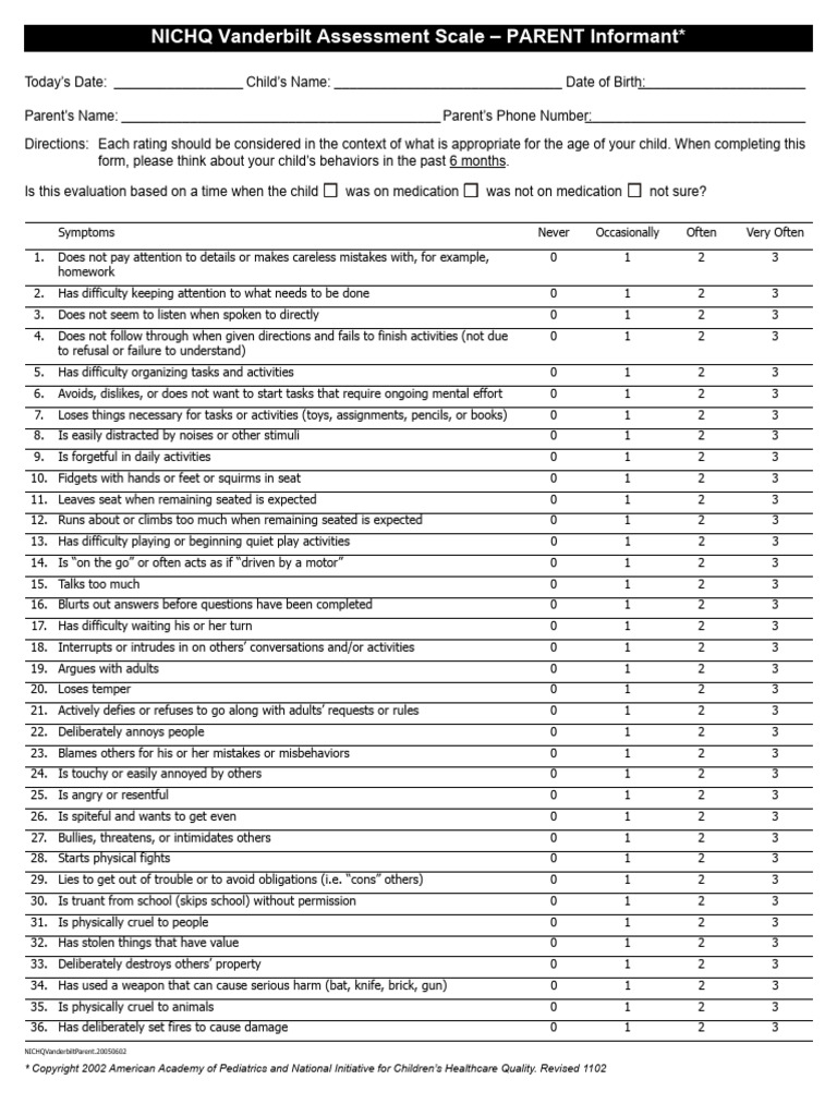 Nichq vanderbilt parent teacher spanish pdf attention teachers