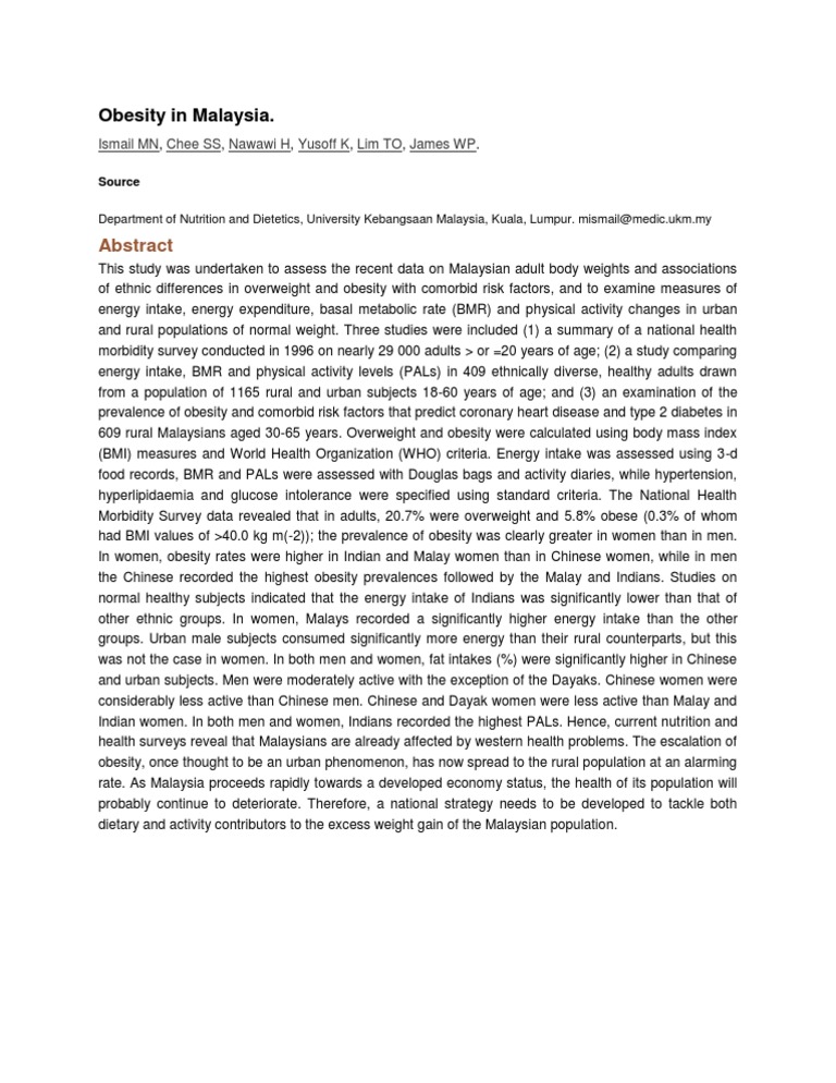 Obesity In Malaysia Pdf Obesity Body Mass Index