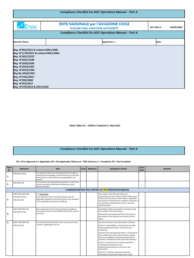 Compliance Checklist OM Part A | PDF | Aviation