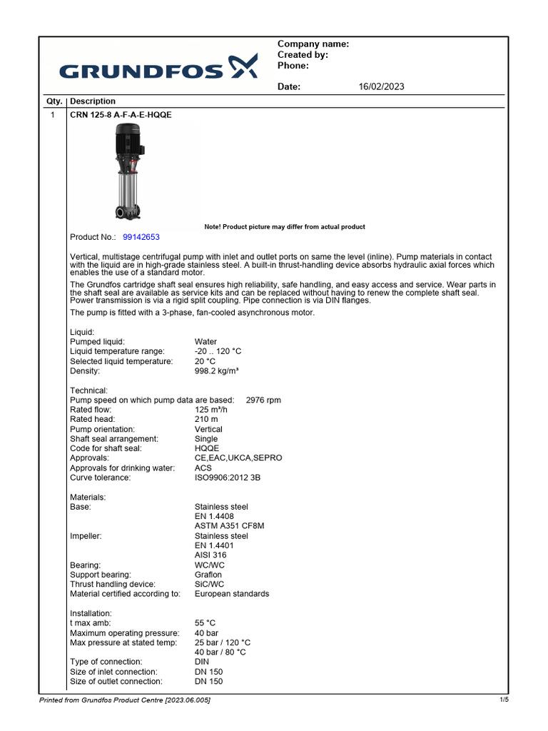 Grundfos CRN 125-8 Pump Specifications | PDF | Pump | Electric Motor