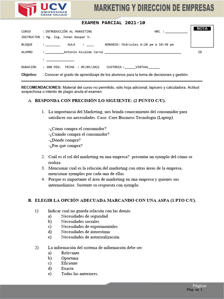 Examen Final de Marketing 2021 | PDF | Marketing | Business