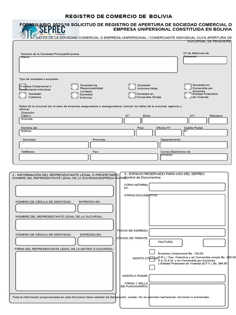 Formulario de Registro SEPREC Bolivia | PDF | Documento de identidad ...
