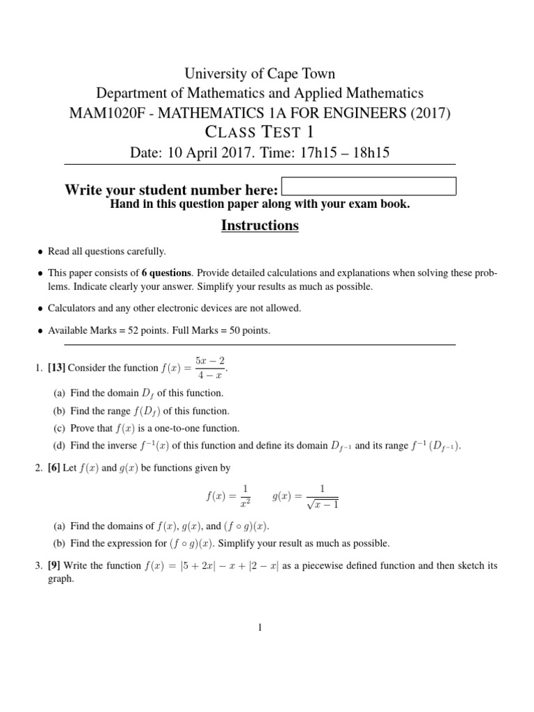 UCT MAM1020F Mathematics Test 1 2017 | PDF | Function (Mathematics ...