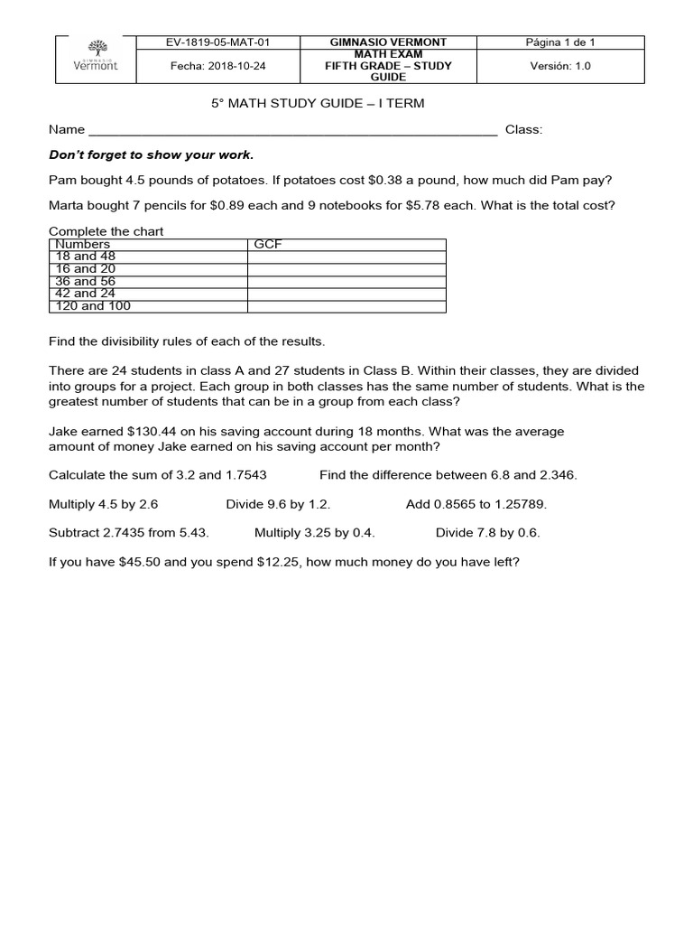 5th Grade Math Study Guide | PDF